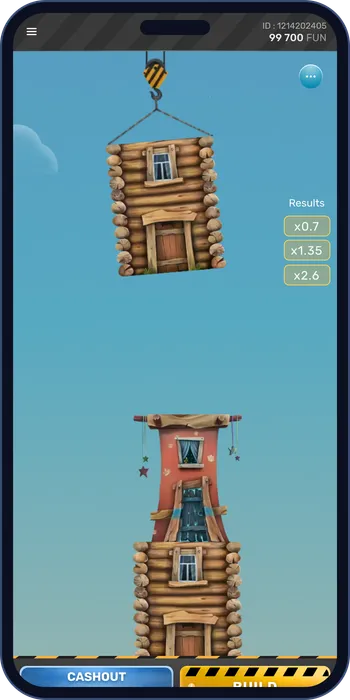 Tower Rush on a phone in portrait mode: the crane, the tower, the Build and Cashout buttons