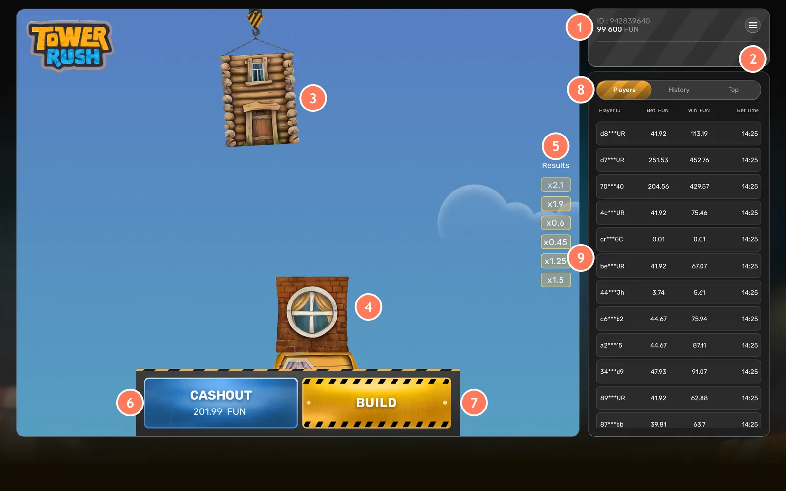 Tower Rush screen with nine numbered markers: balance, menu, crane, tower, Results column, Cashout, Build, tabs and live bets