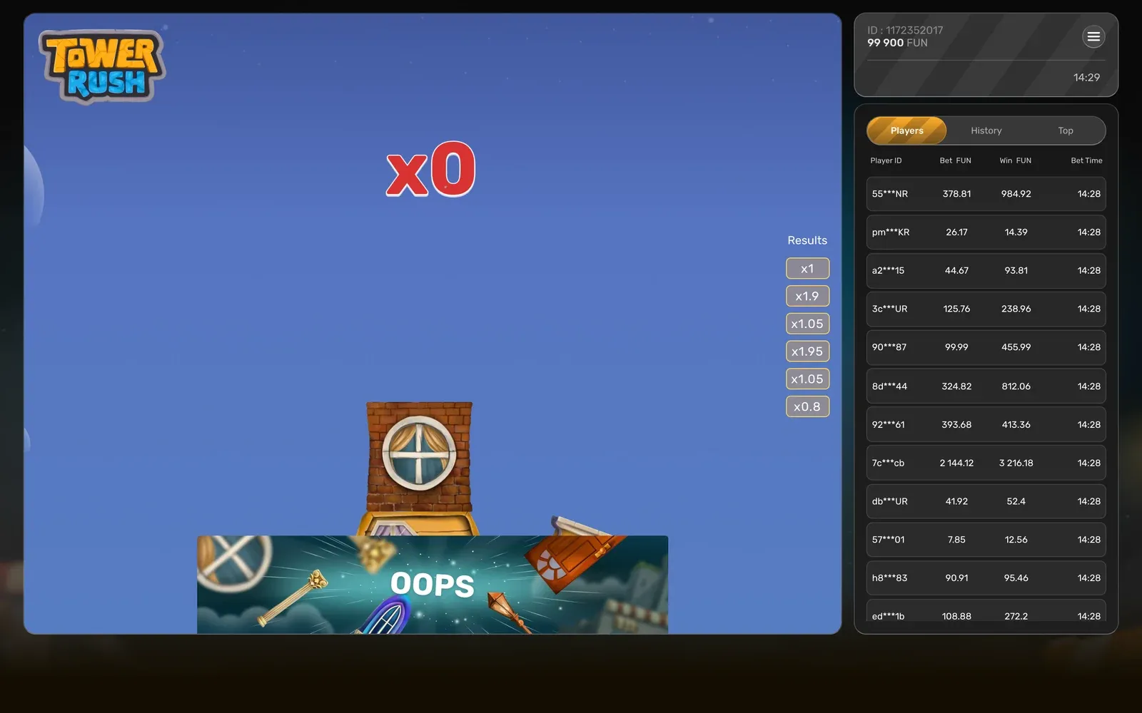 Tower Rush collapse screen with red x0 and OOPS banner