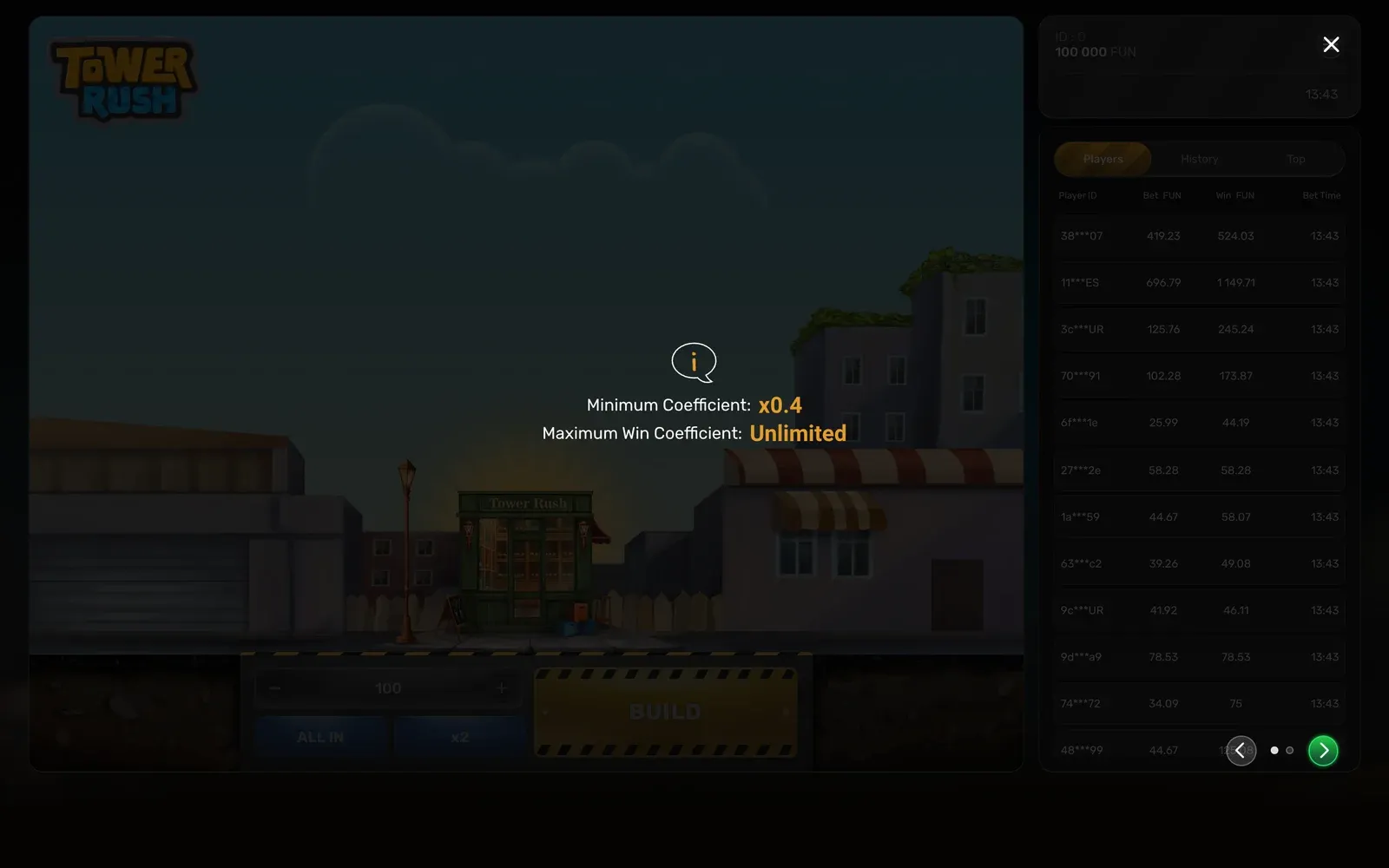 Tower Rush launch notice with Minimum Coefficient x0.4, shown when the Galaxsys client opens