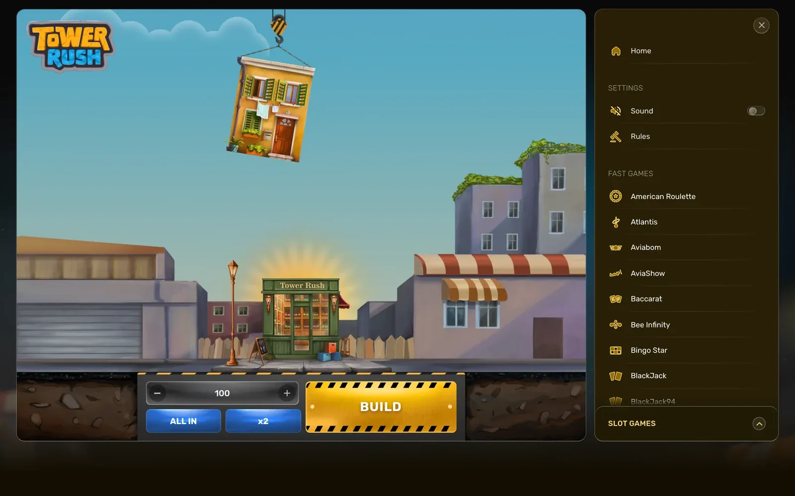 Tower Rush menu with sound, Rules and the list of other Galaxsys fast games