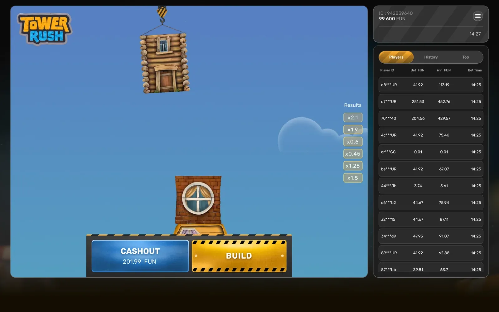 Tower Rush round with the Results column listing each floor’s odds and the Cashout button showing the current win