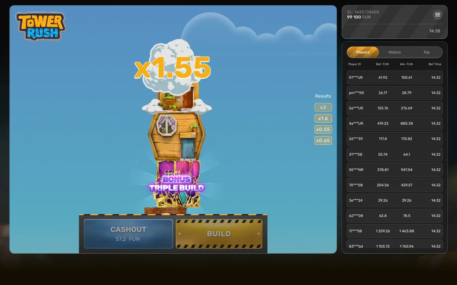 Tower Rush Triple Build bonus: three floors placed at once with x1.55 shown