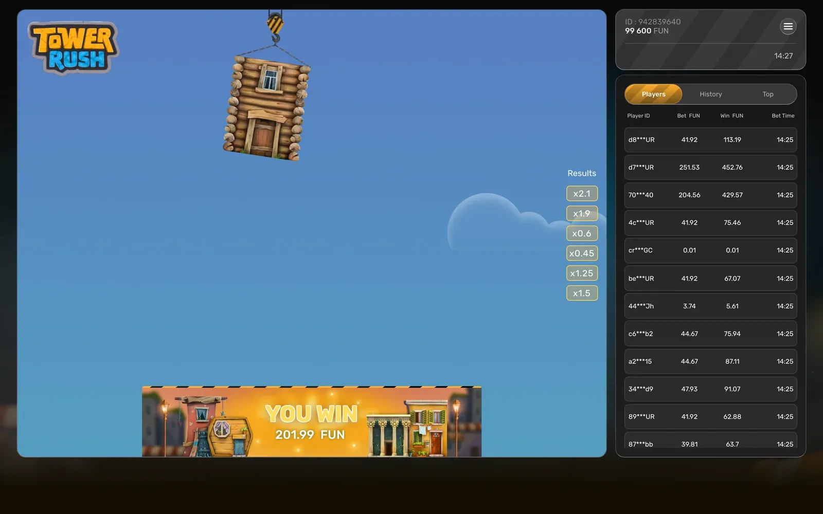 YOU WIN banner for 201.99 FUN over the Tower Rush buttons