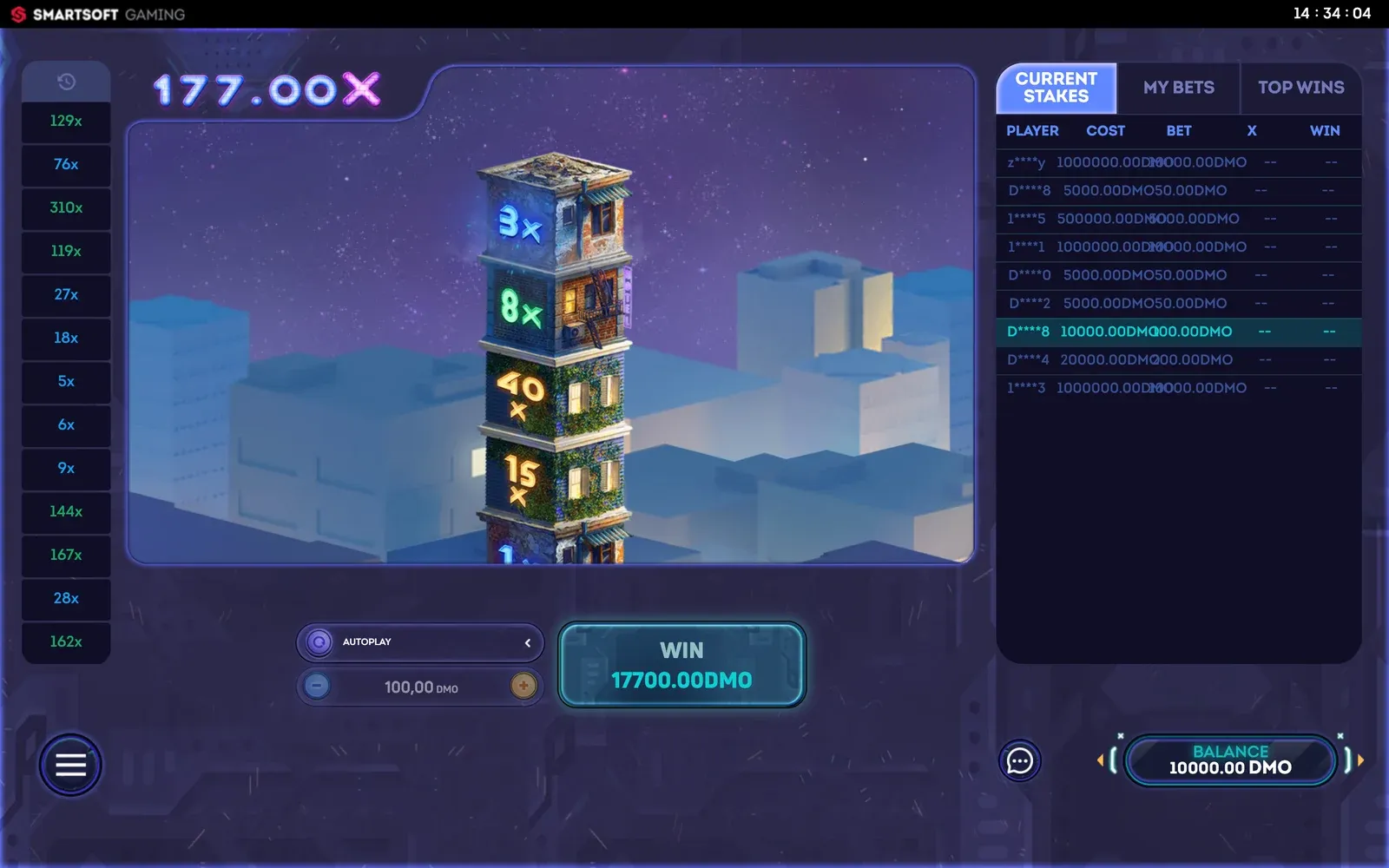 Tower X round in progress: houses marked 3x, 1x, 40x, 8x, 4x and a 177.00X counter with the WIN box